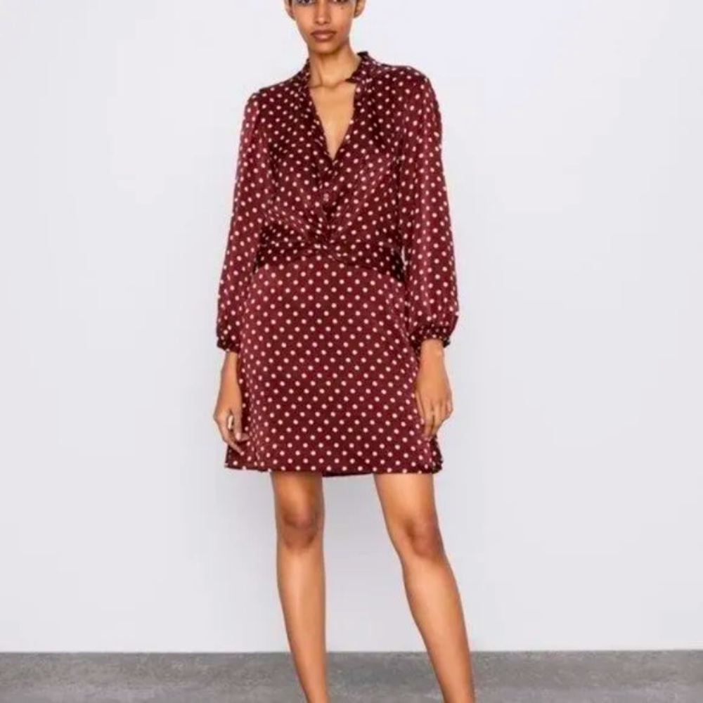 NWOT Women ZARA POLKA DOT SILKY / SATIN MINI DRESS BLOGGERS FAV Wine Small (Q) - Picture 1 of 12